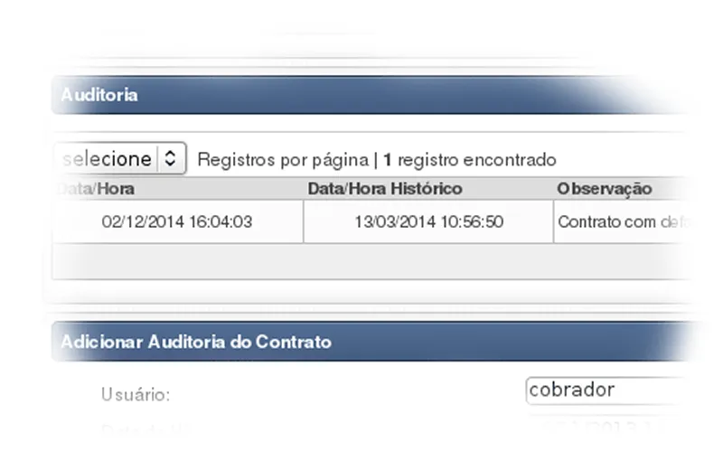 Tela de registro de auditorias de atendimento do Gescob