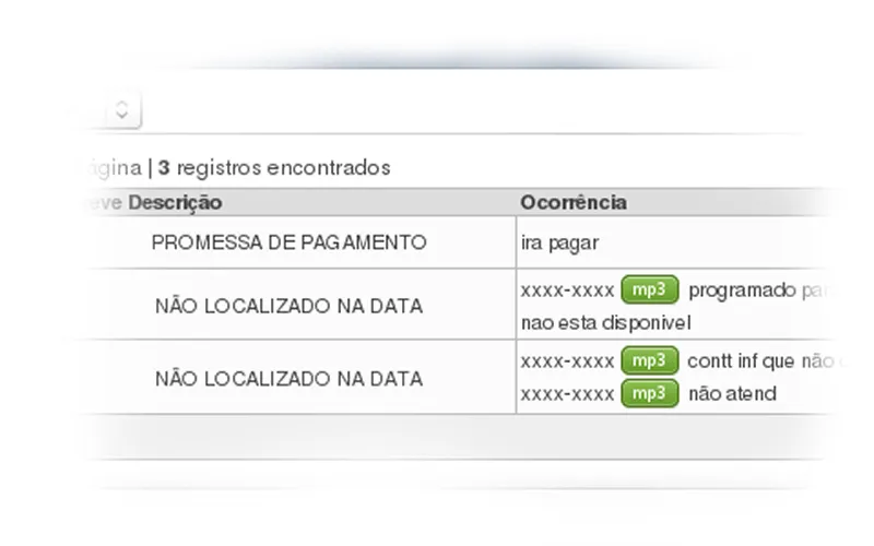 Tela do Gescob com o registro de ligações integrado ao histórico de cobrança