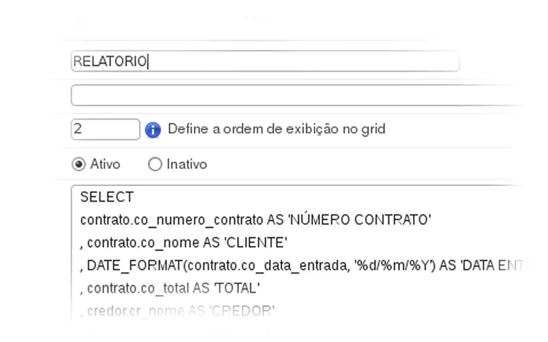 Tela de criação de relatórios customizados do Gescob