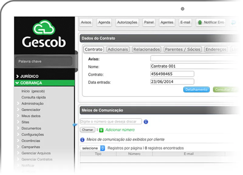 Tela de cadastro de contrato do sistema de cobrança Gescob